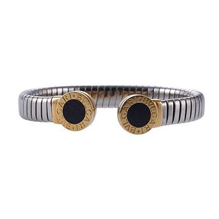 Bvlgari Bulgari Tubogas 18K Gold Steel Onyx Cuff Bracelet