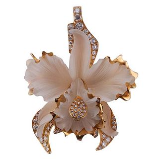 18k Gold Diamond Rock Crystal Orchid Flower Pendant 