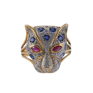 18k Gold Diamond Sapphire Ruby Panther Ring