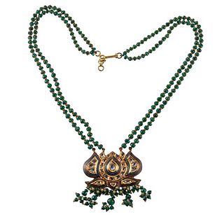18k Gold Emerald Diamond Enamel Necklace 