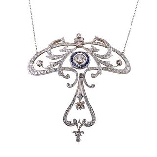 18k Gold Platinum Diamond Sapphire Pendant Necklace