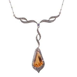 18k Gold Platinum Diamond Citrine Pendant Necklace