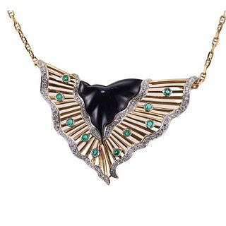 18k Gold Diamond Onyx Emerald Slide Pendant Necklace 