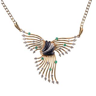 18k Gold Diamond Emerald Onyx Pendant Necklace