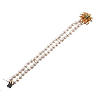 1960s 14k Gold Pearl Diamond Emerald Bracelet