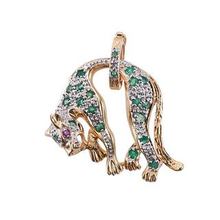 14k Gold Diamond Emerald Ruby Panther Pendant 