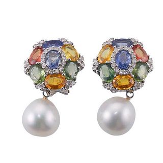 18k Gold Diamond Multi Sapphire Pearl Earrings