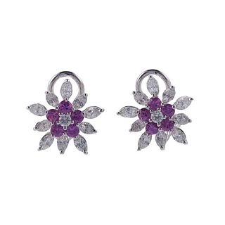 18k Gold Diamond Pink Sapphire Flower Earrings