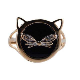 14k Gold Diamond Onyx Cat Ring
