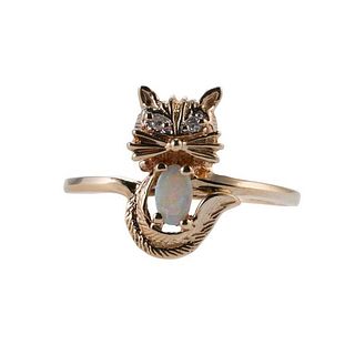 Diamond Opal Cat Gold Ring