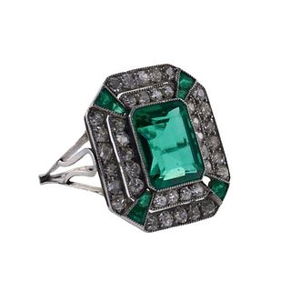 Platinum Diamond Synthetic Emerald Ring