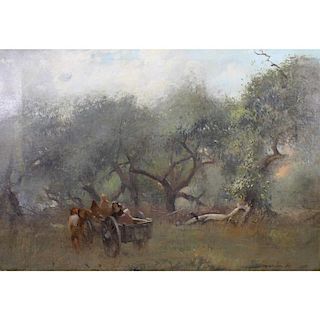 Signed 19th C. Carriage w/ figures in forest