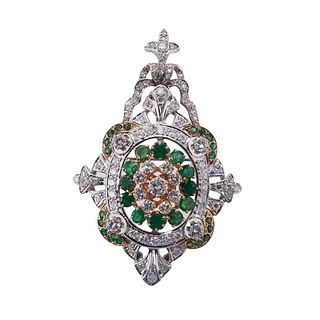 14k Gold Diamond Emerald Pendant Brooch