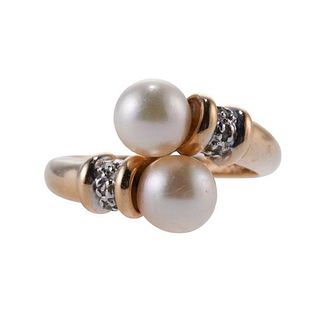 14k Gold Diamond Bypass Pearl Ring