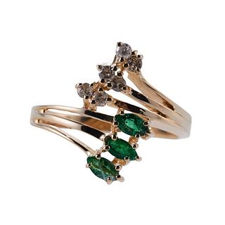14k Gold Diamond Emerald Bypass Ring