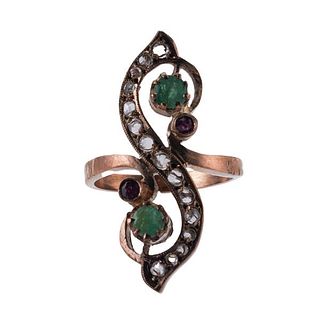 Vintage Rose Cut Diamond Garnet Emerald Gold Ring