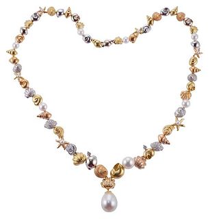 Paul Morelli 18k Tri Color Gold Diamond Pearl Shell Necklace