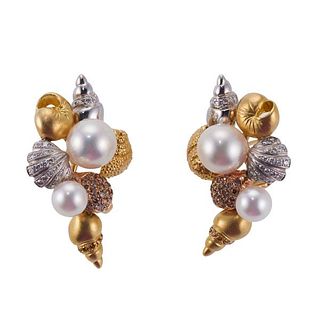 Paul Morelli 18k Tri Color Gold Diamond Pearl Shell Earrings