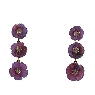 31.63ctw Natural Carved Sapphire Diamond Flower Drop Earrings