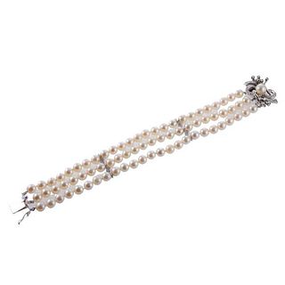 Honora 1950s 14k Gold Pearl Diamond Bracelet