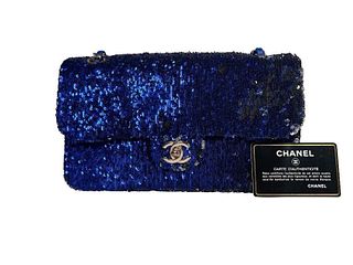 Chanel Classic Single Flap Medium Blue Sequin Bag