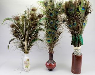 (3) Assorted Vases w/ Peacock Feathers