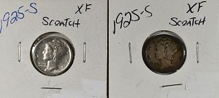 (2) 1925-S MERCURY DIMES XF SCRATCHED