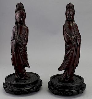 (2) Carved Chinese Guanyins on Stand
