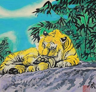 Signed Chinese Gouache - Tiger and Bamboo