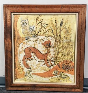 BATIK OF FOREST SCENE WITH OWLS, RABBIT, WEASEL, FROG AND MORE