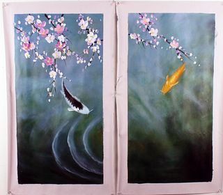 TWO PAINTINGS ON CANVAS OF KOI GOLD FISH 