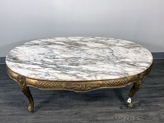 HOLLYWOOD REGENCY OVAL COFFEE TABLE WITH MARBLE TOP
