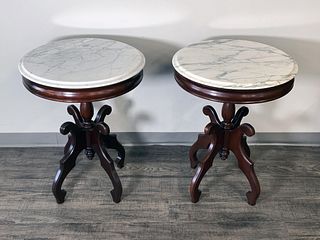 PAIR ROUND END LAMP TABLES WITH WHITE ITALIAN MARBLE TOPS