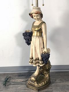LARGE PLASTER LAMP OF GIRL WITH GRAPES