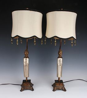 PAIR ASIAN FIGURE LAMPS WITH DECORATIVE SHADES