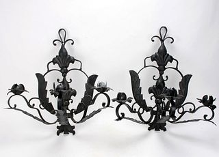 PAIR WROUGHT IRON ROSE WALL SCONCES 