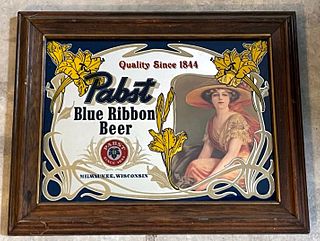 1990 Pabst Blue Ribbon Beer Victorian Woman at Right Bar Mirror 