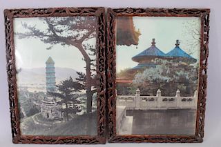 (2) Chinese Prints in Finely Carved Rosewood Frame