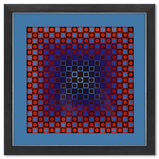 Victor Vasarely (1908-1997), "Alom (Blue/Red) de la sÃ©rie Folklore Planetaire" Framed 1971 Heliogravure Print with Letter of Authenticity