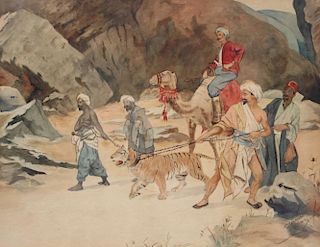 Antique Signed Orientalist Tiger Hunt Watercolor