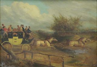 ALKEN, H. Oil on Panel. Stagecoach in Countryside.