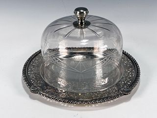 SHEFFIELD SILVERPLATE TRAY WITH GLASS CLOCHE 
