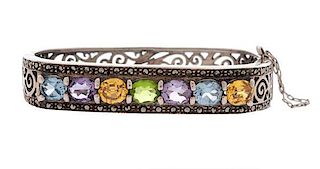 Bangle Bracelet with Multi-Color Gemstones in Silver 