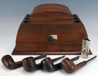 WALNUT PIPE AND TOBACCO STAND WITH STORAGE AND PIPES AND LIGHTER CASE