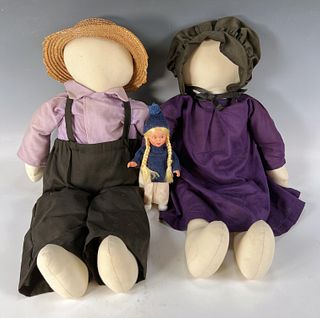 TWO HANDMADE FACELESS AMISH DOLLS & BLOND WESTERN GERMANY DOLL