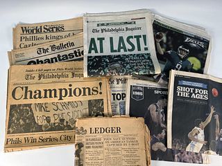 LOT OF OLD NEWSPAPERS HIGHLIGHTING THE PHILLIES/EAGLES/VILLANOVA