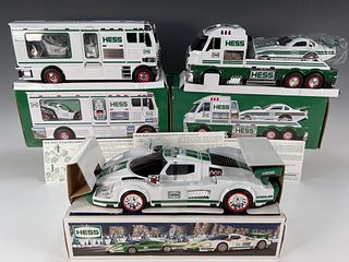 3 HESS TRUCK VEHICLES W DRAGSTER, RACER, MOTORBIKE IN BOX