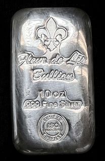 (1) 10 ozt .999 Fine Silver Fleur De Lis Bullion Bar
