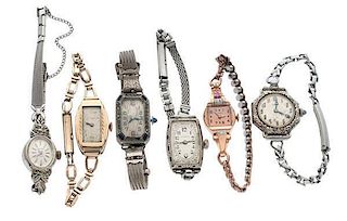 Six Art Deco Watches Including One 14 Karat Rose Gold Waltham Watch with Diamonds and Rubies 