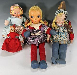 COLORFUL VINTAGE DOLLS WITH CELLULOID LIKE FACES